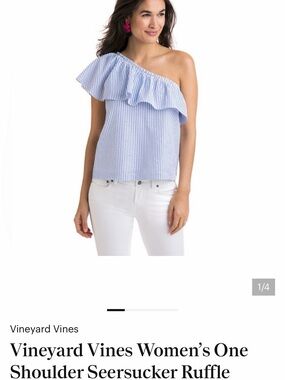 Vineyard Vines Seersucker One Shoulder Ruffle Top in blue and white stripe